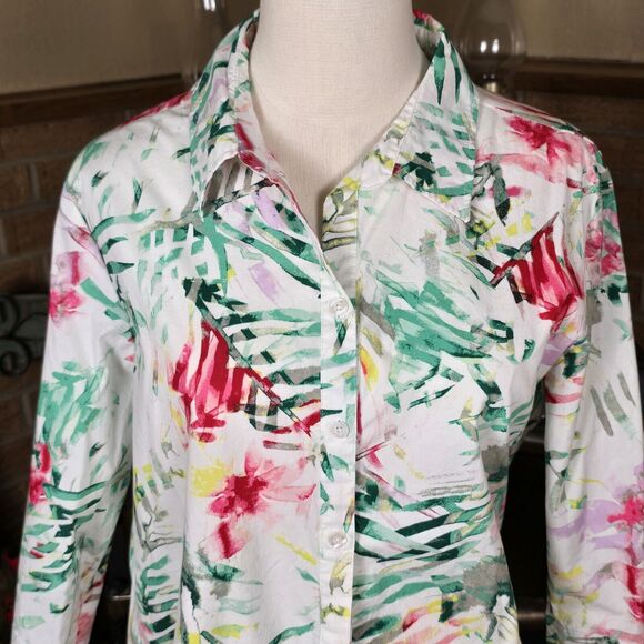 Tropical Tops - Investments White Button Front Blouse Watercolor Floral Tropical Designs Size 14